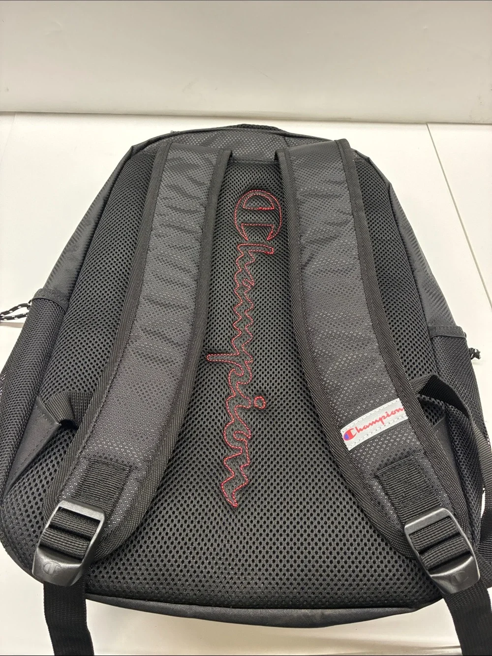 NEW Champion Black Backpack with Vertical Logo and Reflective Stripe